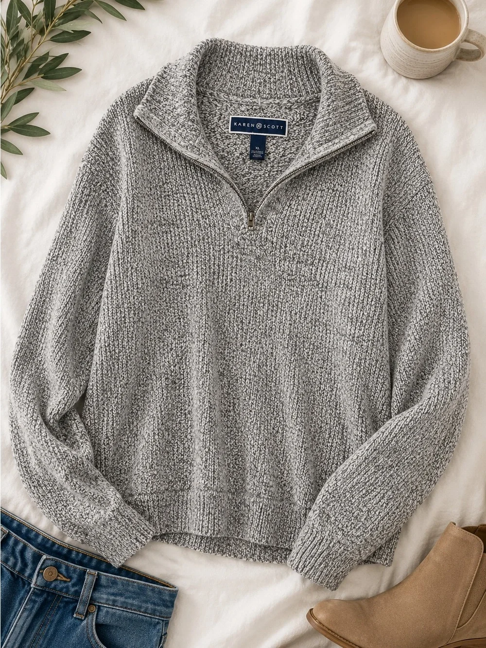 Karen Scott Gray Marled Quarter Zip Pullover Sweater XL Cozy Soft Knit - Picture 1 of 5